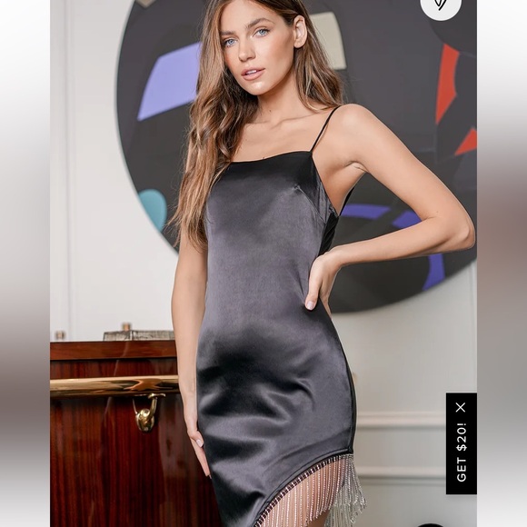 Strobe Lights Black Satin Rhinestone Fringe Mini Dress - Picture 1 of 6